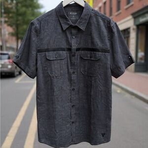 Guess Men's Short Sleeve Button-Down Shirt with P.U leather detail
